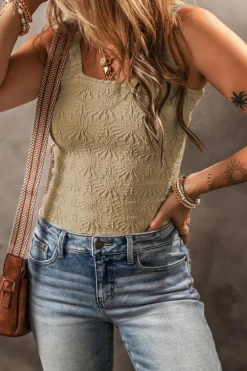 Fashion Dear-Lover Floral Jacquard Square Neck Tank Top Smoke Gray