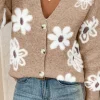 Fashion Dear-Lover Floral Print V Neck Knitted Button up Cardigan Smoke Gray