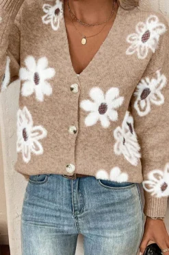 Fashion Dear-Lover Floral Print V Neck Knitted Button up Cardigan Smoke Gray