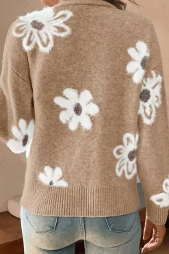 Fashion Dear-Lover Floral Print V Neck Knitted Button up Cardigan Smoke Gray