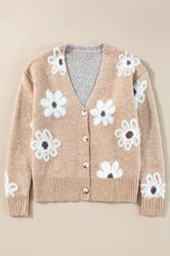 Fashion Dear-Lover Floral Print V Neck Knitted Button up Cardigan Smoke Gray