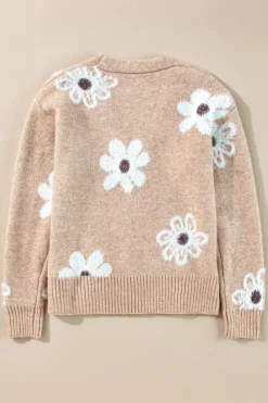 Fashion Dear-Lover Floral Print V Neck Knitted Button up Cardigan Smoke Gray