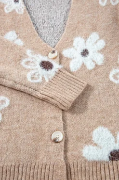 Fashion Dear-Lover Floral Print V Neck Knitted Button up Cardigan Smoke Gray