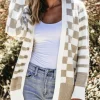 Online Dear-Lover Gingham Striped Knitted Open Front Cardigan Smoke Gray