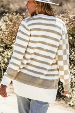 Online Dear-Lover Gingham Striped Knitted Open Front Cardigan Smoke Gray