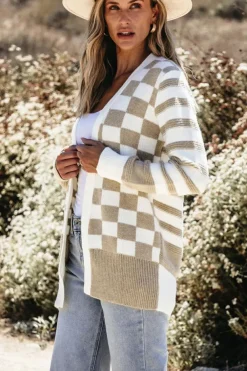 Online Dear-Lover Gingham Striped Knitted Open Front Cardigan Smoke Gray
