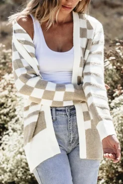 Online Dear-Lover Gingham Striped Knitted Open Front Cardigan Smoke Gray