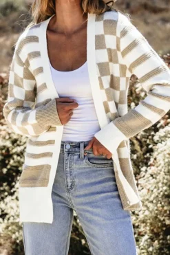 Online Dear-Lover Gingham Striped Knitted Open Front Cardigan Smoke Gray