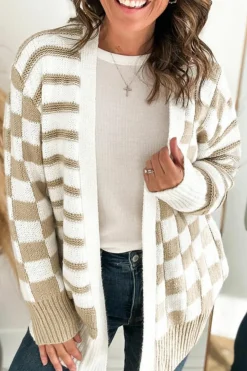 Online Dear-Lover Gingham Striped Knitted Open Front Cardigan Smoke Gray