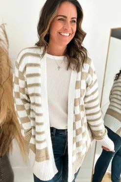 Online Dear-Lover Gingham Striped Knitted Open Front Cardigan Smoke Gray