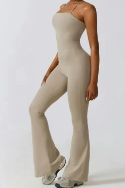 Hot Dear-Lover Halter Flared Yoga Jumpsuit Smoke Gray