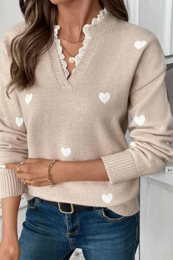 Clearance Dear-Lover Heart Print Lace Splicing V Neck Valentines Sweater Smoke Gray