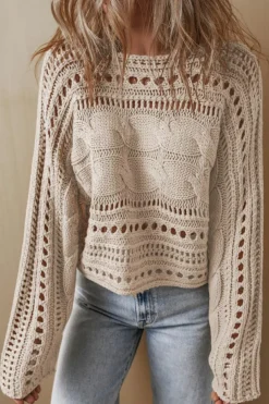 Best Dear-Lover Hollow-out Cable Knit Cropped Sweater Smoke Gray