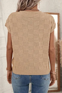 Fashion Dear-Lover Lattice Textured Knit Short Sleeve Sweater Smoke Gray