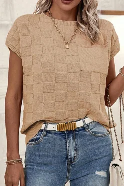 Fashion Dear-Lover Lattice Textured Knit Short Sleeve Sweater Smoke Gray