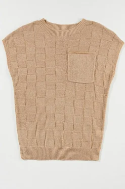 Fashion Dear-Lover Lattice Textured Knit Short Sleeve Sweater Smoke Gray
