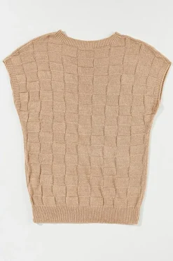 Fashion Dear-Lover Lattice Textured Knit Short Sleeve Sweater Smoke Gray