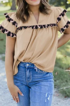 Best Dear-Lover Leopard Ruffles Trim Tiered Short Sleeve Blouse Smoke Gray