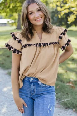 Best Dear-Lover Leopard Ruffles Trim Tiered Short Sleeve Blouse Smoke Gray