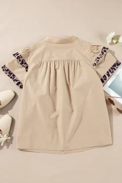 Best Dear-Lover Leopard Ruffles Trim Tiered Short Sleeve Blouse Smoke Gray