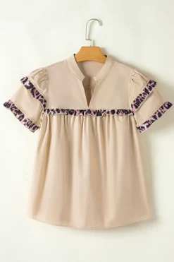 Best Dear-Lover Leopard Ruffles Trim Tiered Short Sleeve Blouse Smoke Gray