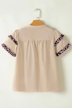 Best Dear-Lover Leopard Ruffles Trim Tiered Short Sleeve Blouse Smoke Gray