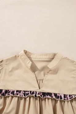 Best Dear-Lover Leopard Ruffles Trim Tiered Short Sleeve Blouse Smoke Gray