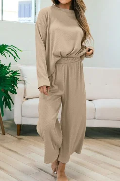 Clearance Dear-Lover Loose Textured Pullover and Pants Outfit Smoke Gray