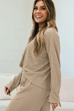 Clearance Dear-Lover Loose Textured Pullover and Pants Outfit Smoke Gray