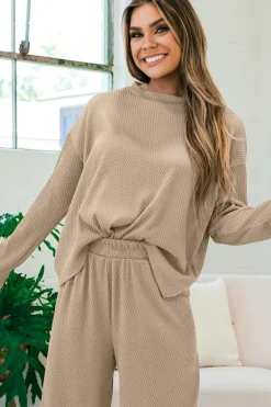 Clearance Dear-Lover Loose Textured Pullover and Pants Outfit Smoke Gray