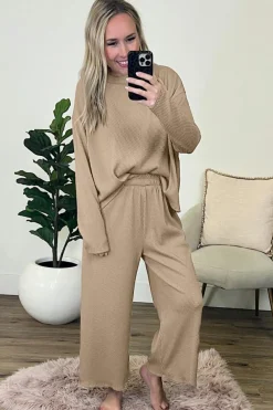Clearance Dear-Lover Loose Textured Pullover and Pants Outfit Smoke Gray