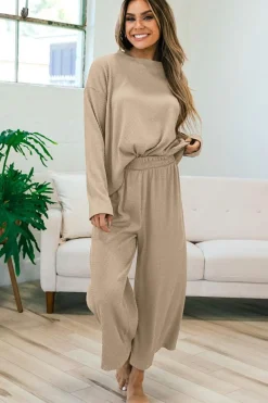 Clearance Dear-Lover Loose Textured Pullover and Pants Outfit Smoke Gray