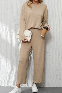 Clearance Dear-Lover Loose Textured Pullover and Pants Outfit Smoke Gray