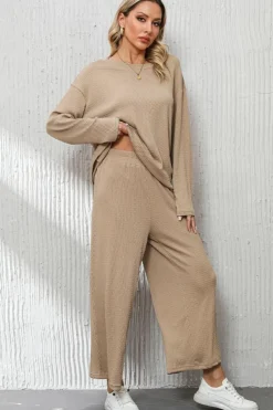 Clearance Dear-Lover Loose Textured Pullover and Pants Outfit Smoke Gray