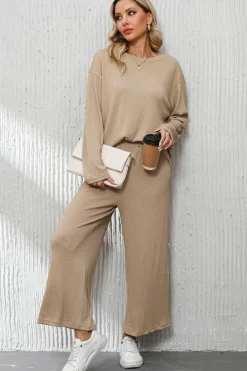 Clearance Dear-Lover Loose Textured Pullover and Pants Outfit Smoke Gray