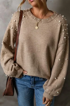 New Dear-Lover Pearled Drop Shoulder Round Neck Sweater Smoke Gray
