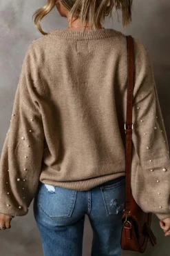 New Dear-Lover Pearled Drop Shoulder Round Neck Sweater Smoke Gray