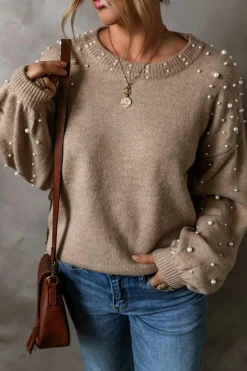 New Dear-Lover Pearled Drop Shoulder Round Neck Sweater Smoke Gray
