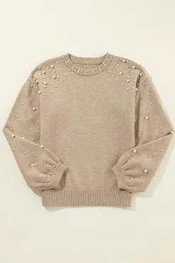 New Dear-Lover Pearled Drop Shoulder Round Neck Sweater Smoke Gray