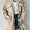 Online Dear-Lover Plaid Patchwork Collared Button-up Sherpa Long Coat Smoke Gray
