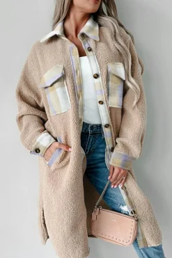 Online Dear-Lover Plaid Patchwork Collared Button-up Sherpa Long Coat Smoke Gray