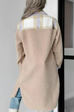 Online Dear-Lover Plaid Patchwork Collared Button-up Sherpa Long Coat Smoke Gray