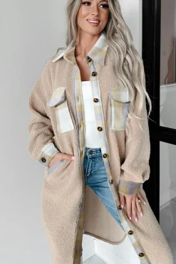 Online Dear-Lover Plaid Patchwork Collared Button-up Sherpa Long Coat Smoke Gray