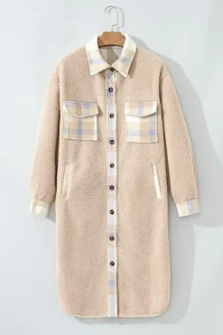 Online Dear-Lover Plaid Patchwork Collared Button-up Sherpa Long Coat Smoke Gray