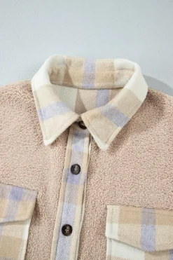Online Dear-Lover Plaid Patchwork Collared Button-up Sherpa Long Coat Smoke Gray