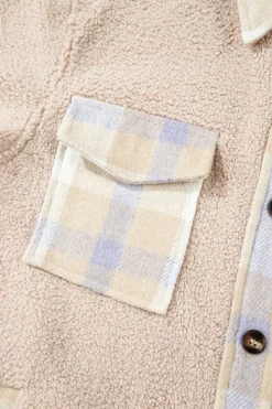 Online Dear-Lover Plaid Patchwork Collared Button-up Sherpa Long Coat Smoke Gray