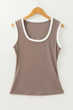 Discount Dear-Lover Ribbed Knit Colorblock Edge U Neck Slim Fit Tank Top Smoke Gray