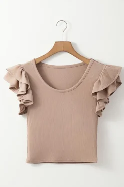 New Dear-Lover Ribbed Knit Ruffled Shoulder Slim Fit Tank Top Smoke Gray
