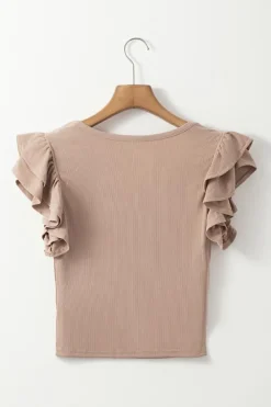New Dear-Lover Ribbed Knit Ruffled Shoulder Slim Fit Tank Top Smoke Gray