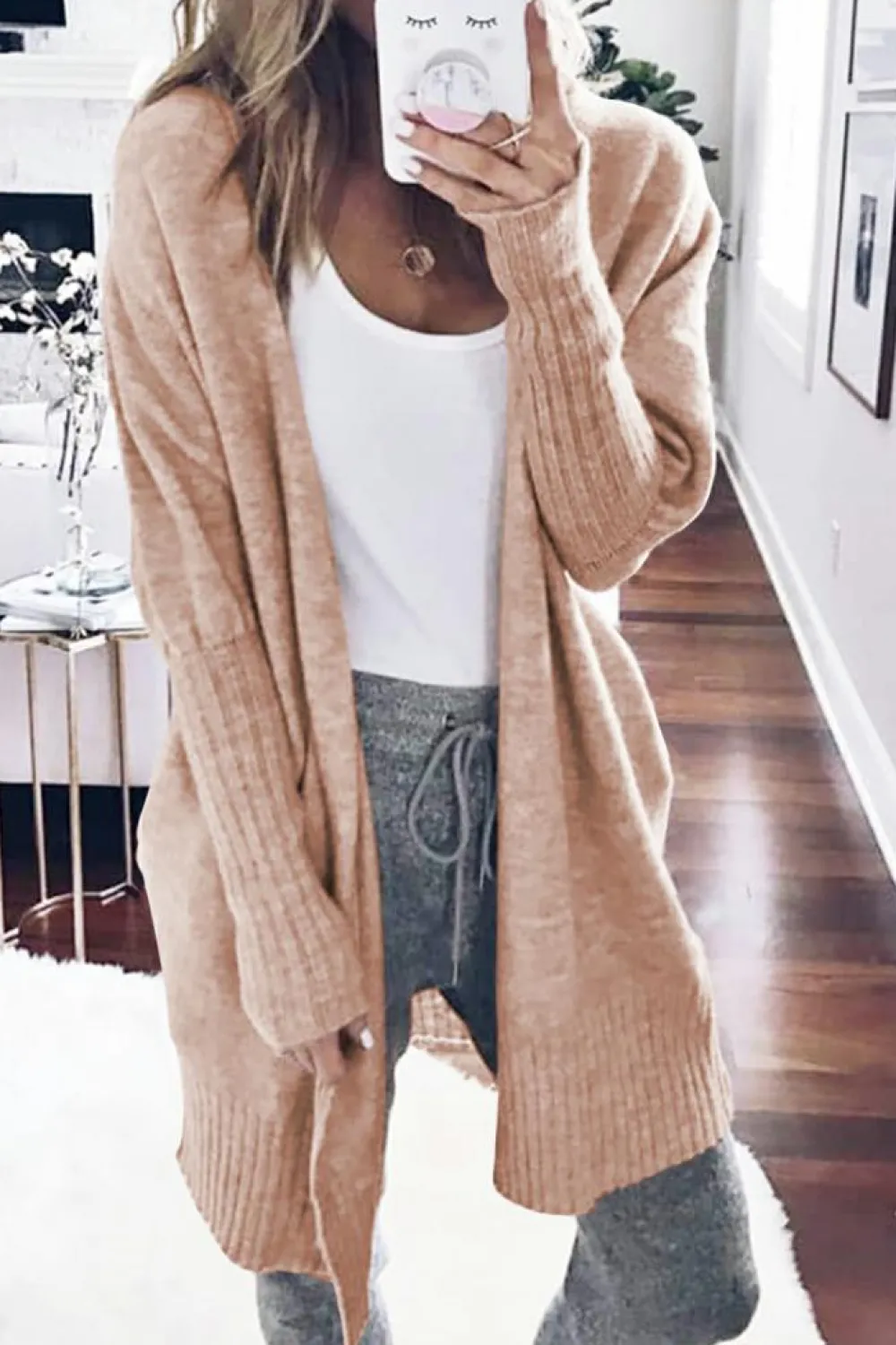 Best Dear-Lover Ribbed Trim Puff Sleeve Open Cardigan Smoke Gray